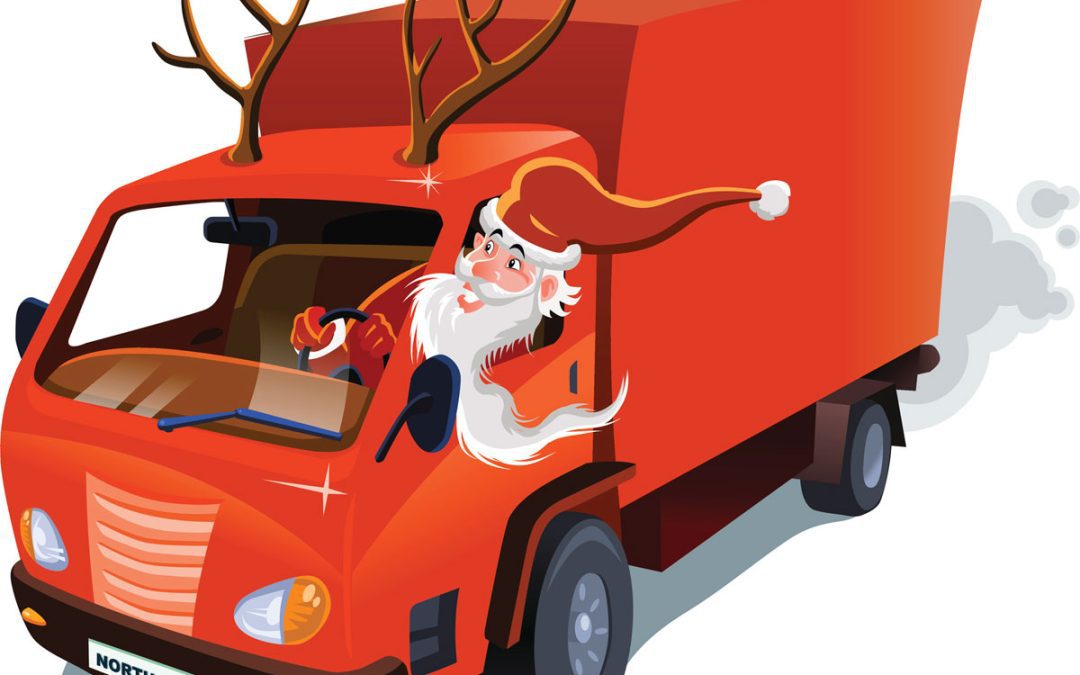 An illustration of Father Christmas driving a red truck with reindeer antlers on the cab