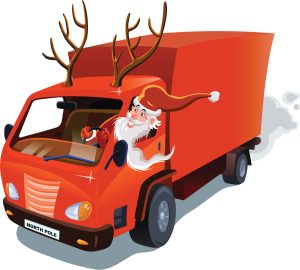 An illustration of Father Christmas driving a red truck with reindeer antlers on the cab