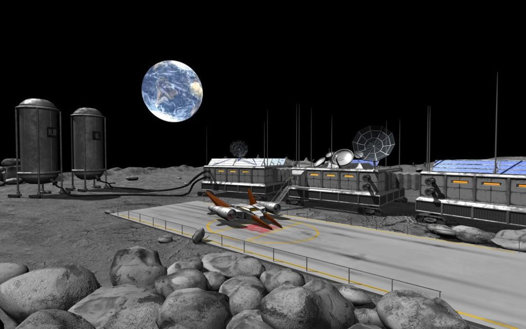 Futuristic space scene showing inhabited building, spacecraft and planet earth in the distance