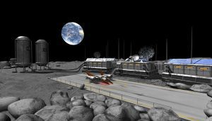 Futuristic space scene showing inhabited building, spacecraft and planet earth in the distance
