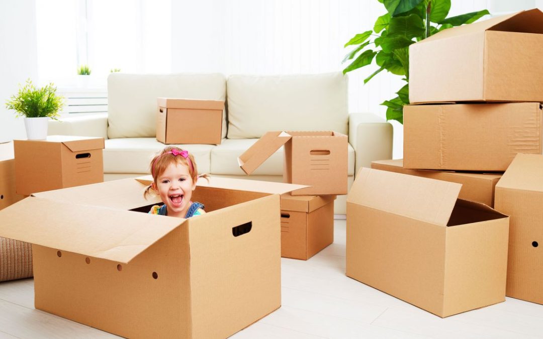 A young child having fun sat in a cardboard box, surrounded by lots of other cardboard boxes, furniture and house plants