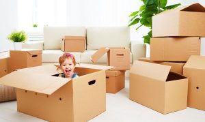 A young child having fun sat in a cardboard box, surrounded by lots of other cardboard boxes, furniture and house plants