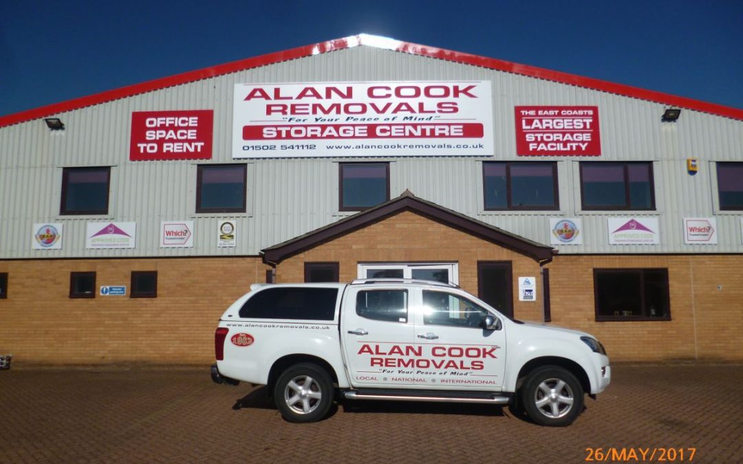 Alan Cook Removals pick-up truck parked in front the Lowestoft office and storage facility