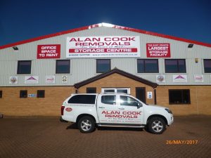 Alan Cook Removals pick-up truck parked in front the Lowestoft office and storage facility