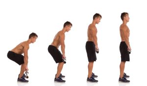 A series of photographs showing a young fit man in various positions lifting a metal bar