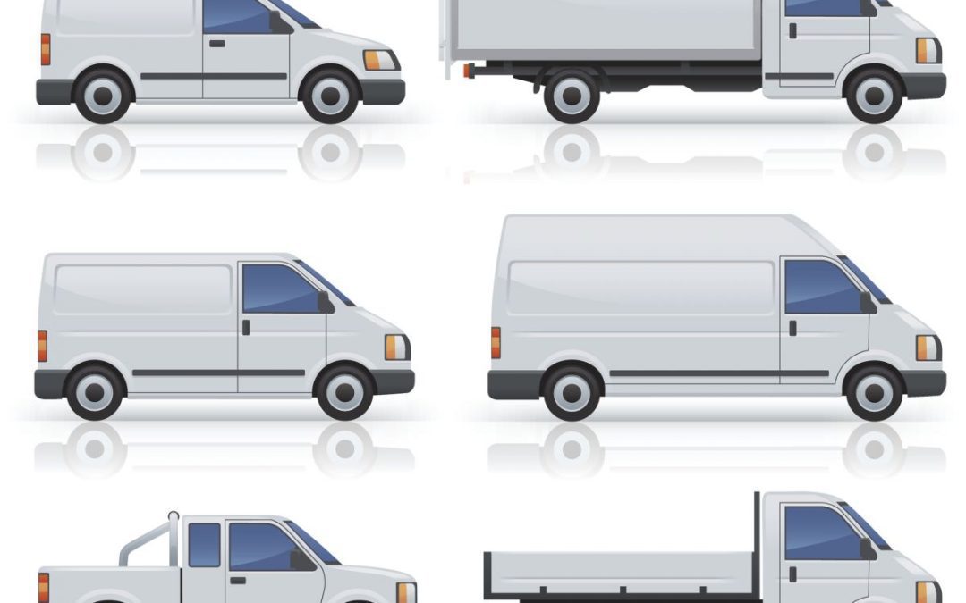 Illustrations of various sized white vans and trucks