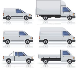 Illustrations of various sized white vans and trucks