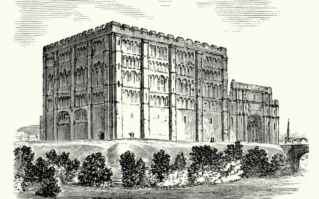 A pen and ink illustration of Norwich Castle