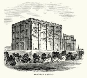 A pen and ink illustration of Norwich Castle