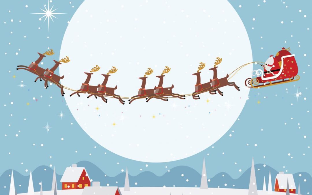 An illustrated Christmas scene of a reindeer pulled sleigh with Father Christmas flying over a snowy scene of houses and trees