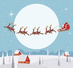 An illustrated Christmas scene of a reindeer pulled sleigh with Father Christmas flying over a snowy scene of houses and trees