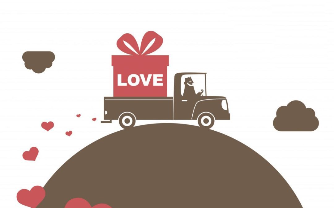 An illustration of a van loaded with a large gift box labelled 'Love' with heart shapes coming from the exhaust pipe
