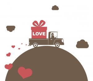 An illustration of a van loaded with a large gift box labelled 'Love' with heart shapes coming from the exhaust pipe