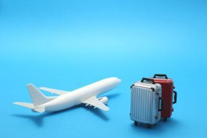 Models of a passenger jet aircraft and two wheeled suitcases