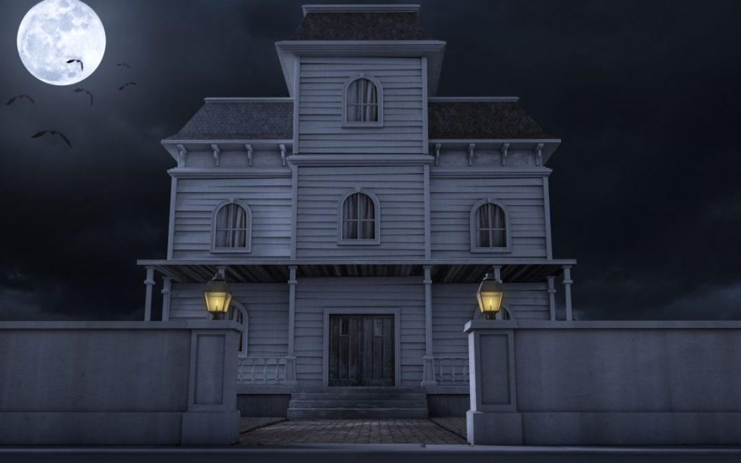 A spooky night time illustration of a scary house with a full moon and bats