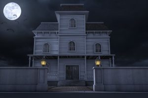 A spooky night time illustration of a scary house with a full moon and bats