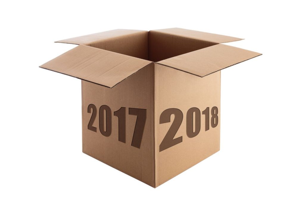 An open cardboard packing box with the years 2017 and 2018 branded on it