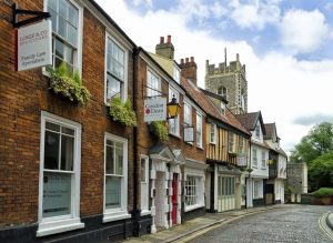A row of historic terraced buildings in the city of Norwich