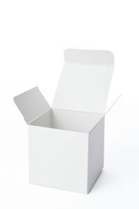 An open white cardboard box