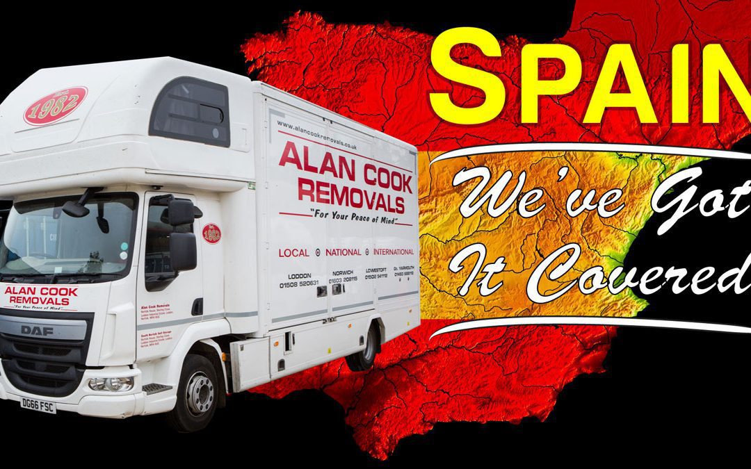 An Alan Cook Removals lorry superimposed over a map of Spain