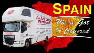 An Alan Cook Removals lorry superimposed over a map of Spain